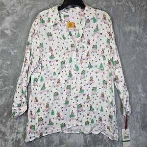 NWT Ruby Red Christmas Tree Pink Car Holiday Button Down Shirt Womens L Roll Tab